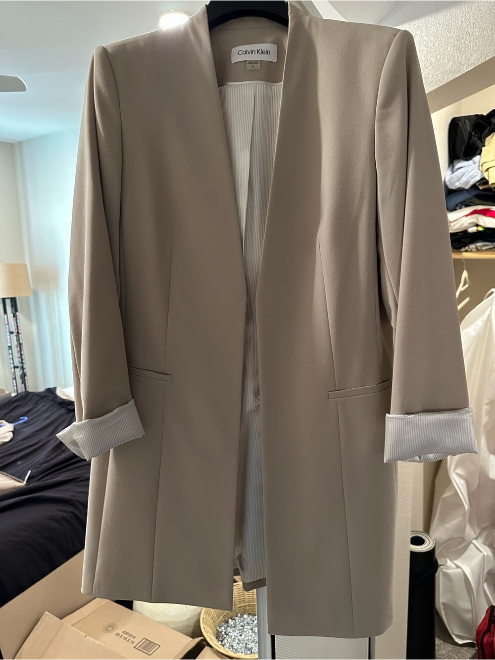 Calvin Klein Women's Light Taupe Collarless Long Blazer Jacket